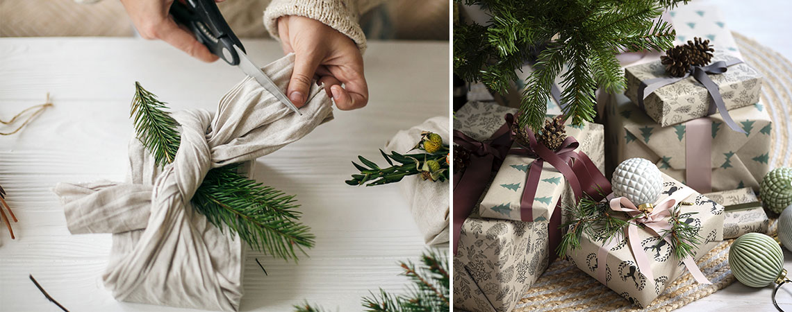 Božićni darovi zamotani u tkaninu i reciklirani papir za zamatanje