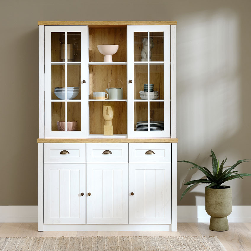 Living room storage furniture sideboard with cabinets functioning as a display cabinet 