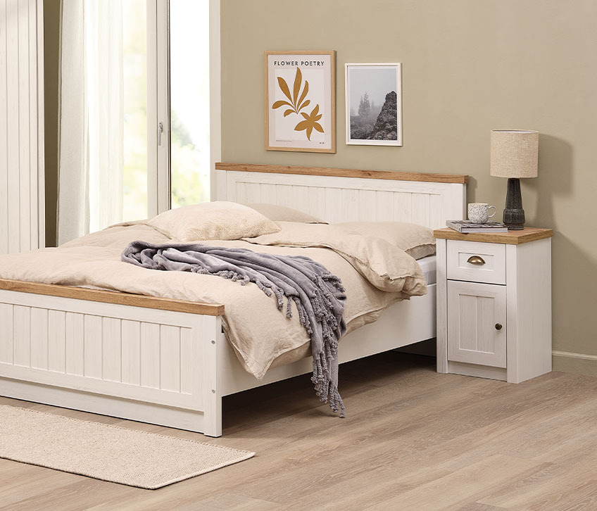Options for bedroom storage include a bed frame and bedside table with bedroom storage options 