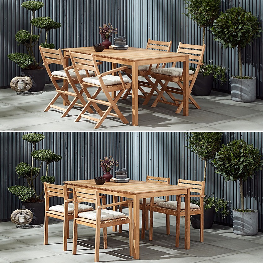 Dvije različite verzije vrtnog namještaja od tikovine, jedna s preklopnim stolicama, a druga sa stolicama za slaganje