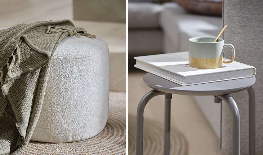 OREBO pouffe, KARVE throw and STACK stool Off-white pouffe with green throw and grey stool with book and mug