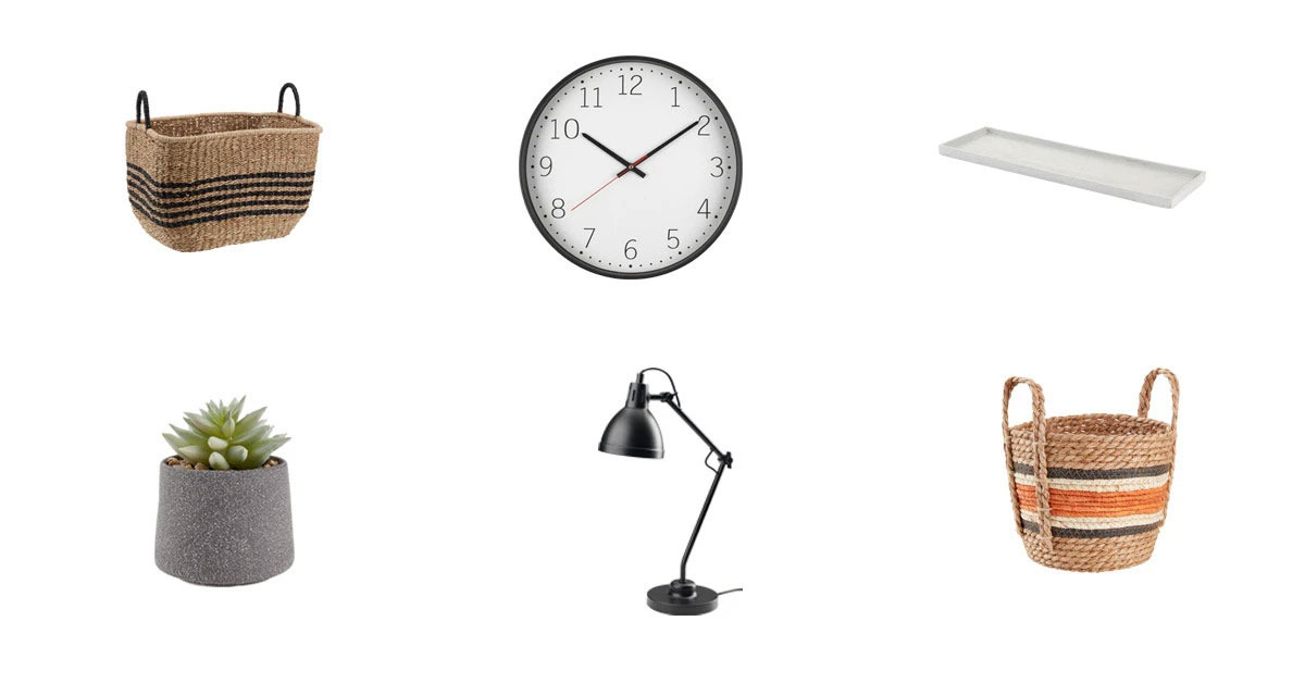 Detalji za ured: košare, sat, pladanj, umjetna biljka i lampa