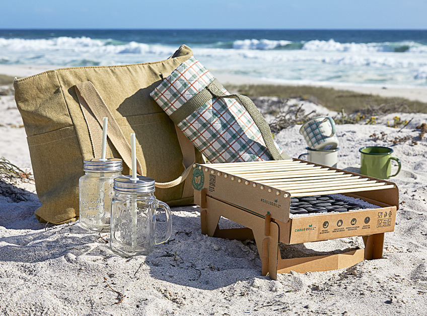 Jednokratni roštilj, rashladna torba za piknik, piknik-dekica, čaše i šalice na plažoi